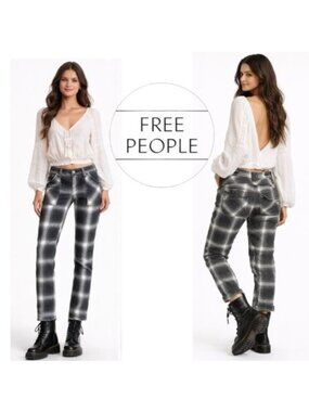 Free People Size 0  Black, White, Gray Flannel Plaid Slouchy Utility Pants EUC